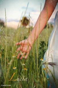 Primer plano de la mano de lucía por los campos de manzanilla